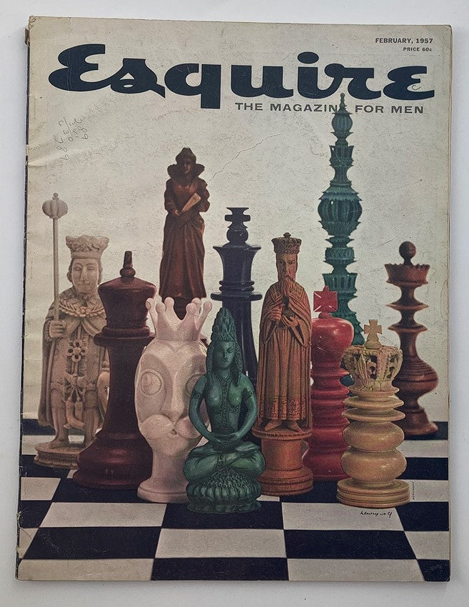 Cover of VTG Esquire Magazine February 1957, showcasing a chess-themed design with various chess pieces, reflecting 'The Man's World' theme.