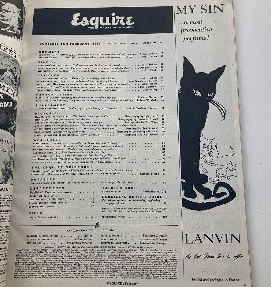 Inside contents page of VTG Esquire Magazine February 1957, featuring articles and topics covered in this vintage issue.
