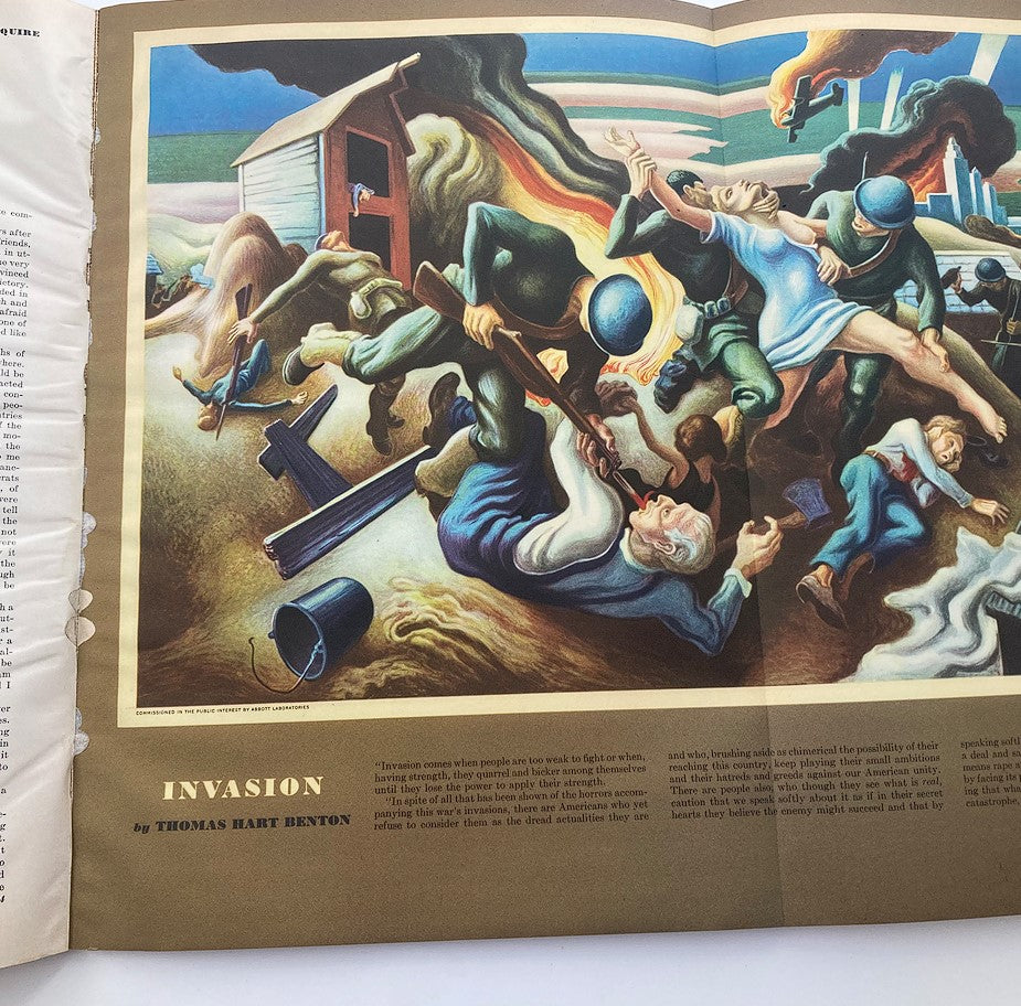 Artistic depiction in VTG Esquire Magazine Victory Issue August 1942 titled 'Invasion' by Thomas Hart Benton, showcasing the chaos of war.