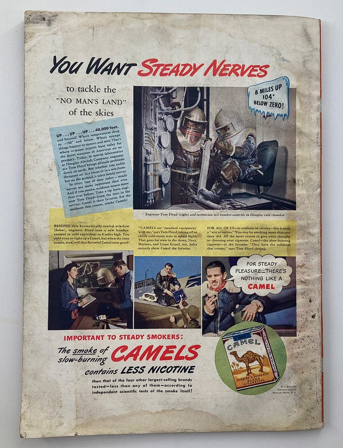 Ad page from VTG Esquire Magazine Victory Issue August 1942 promoting Camel cigarettes, highlighting the need for steady nerves during wartime.