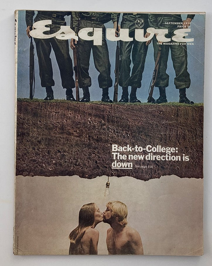 Cover of VTG Esquire Magazine September 1970 Vol 74 #3 featuring the title 'Back To College: The new direction is down' with imagery of soldiers and a couple kissing below.