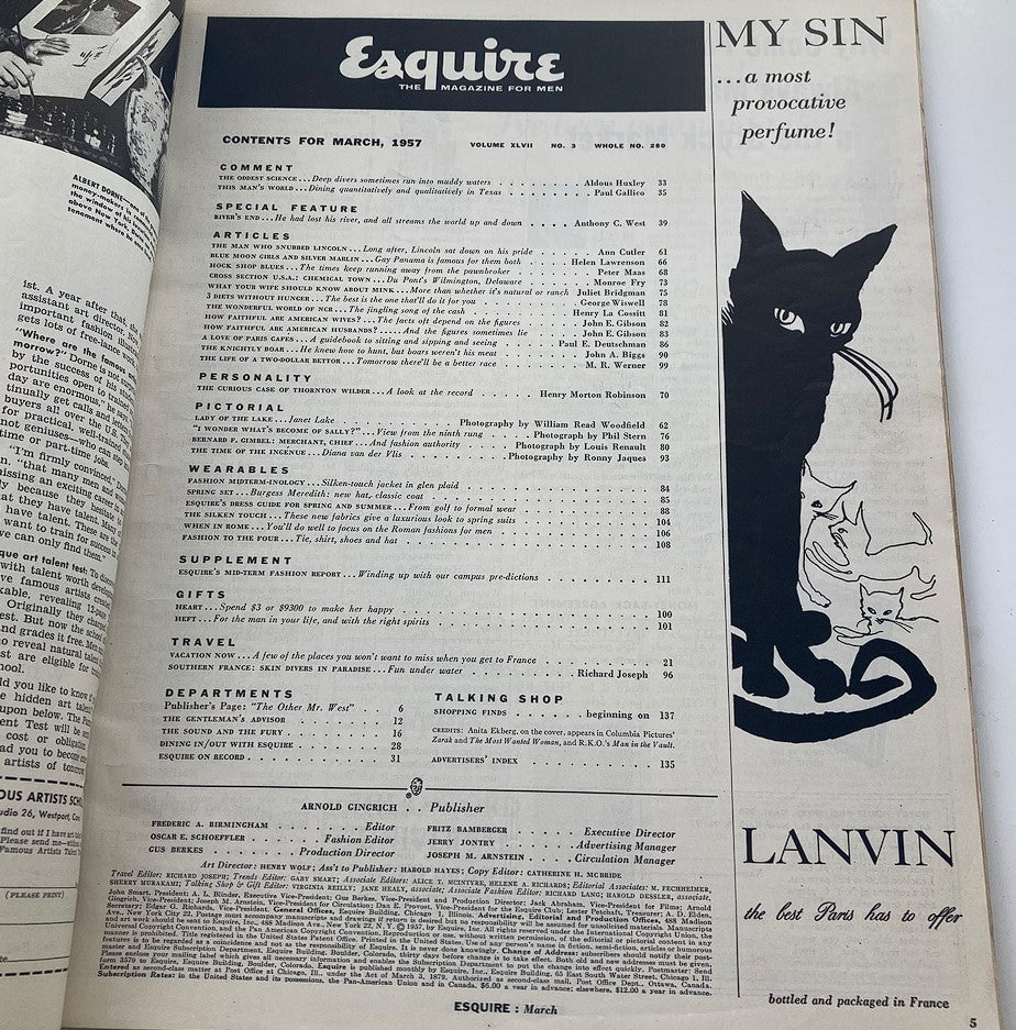 Inside page of VTG Esquire Magazine March 1957 Vol 47 #3, displaying the contents list with various articles, features, and the magazine's branding.