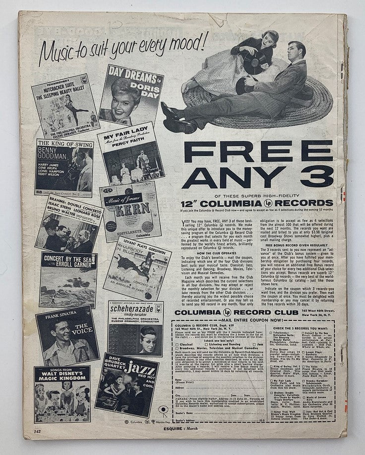 Back page advertisement from VTG Esquire Magazine March 1957 Vol 47 #3 featuring Columbia Records promotions with various album covers including Doris Day, Frank Sinatra, and others. This vintage magazine showcase reflects the musical culture of the 1950s.