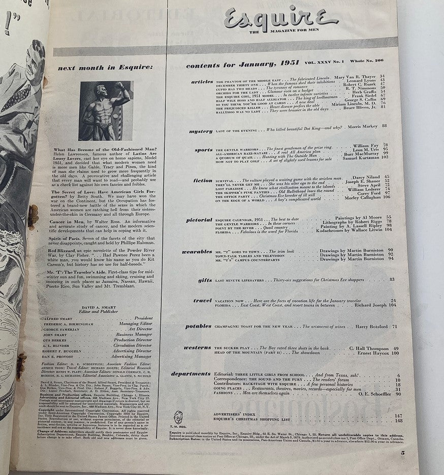 Inside page of VTG Esquire Magazine January 1951, Vol 35 #1, features contents listing articles like 'Last of the Eyebrows' and 'Gifts', revealing the magazine's engaging topics from the era.