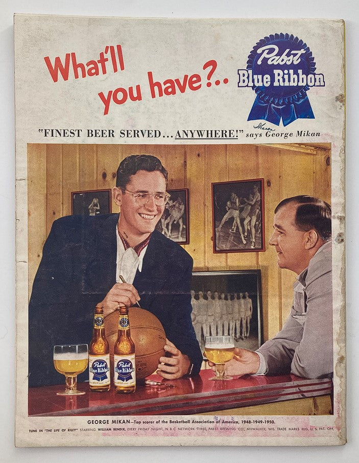 Back cover of VTG Esquire Magazine January 1951 Vol 35 #1 featuring an advertisement for Pabst Blue Ribbon beer, highlighting sports imagery and influencer George Mikan.