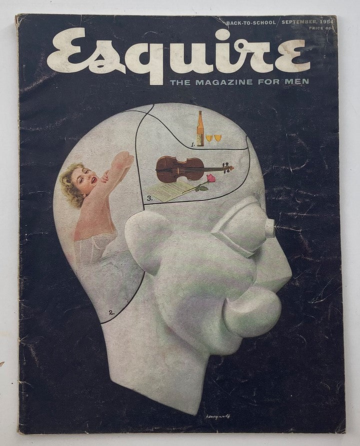 Cover of VTG Esquire Magazine September 1954, Volume 42 Issue 3, featuring a unique artistic design with a woman's image, a violin, and drinks, representing the theme 'How To Smoke A Pipe & Why'.