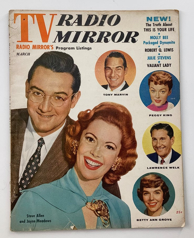 Cover of VTG TV Radio Mirror Magazine from March 1956, Volume 45 #4, featuring Steve Allen and Jayne Meadows, highlights classic television stars, with program listings and eye-catching graphics.