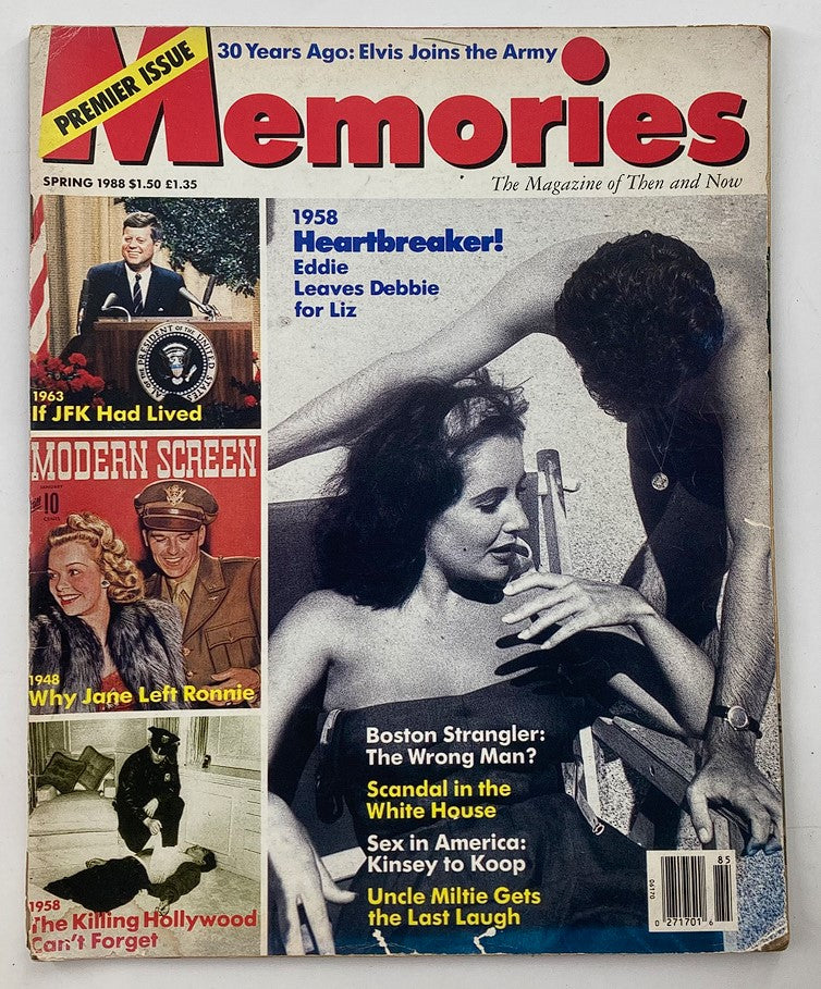 Cover of VTG Memories Magazine Spring 1988 featuring John F. Kennedy, Liz Taylor, and Eddie Fisher, showcasing vintage Hollywood glamour and historical cultural relevance.
