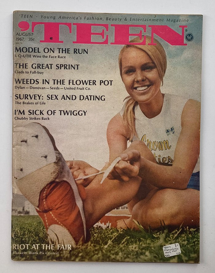 Cover of VTG Teen Magazine August 1967 featuring a model, titled 'Model on the Run,' showcasing youth culture and fashion trends of the 1960s.