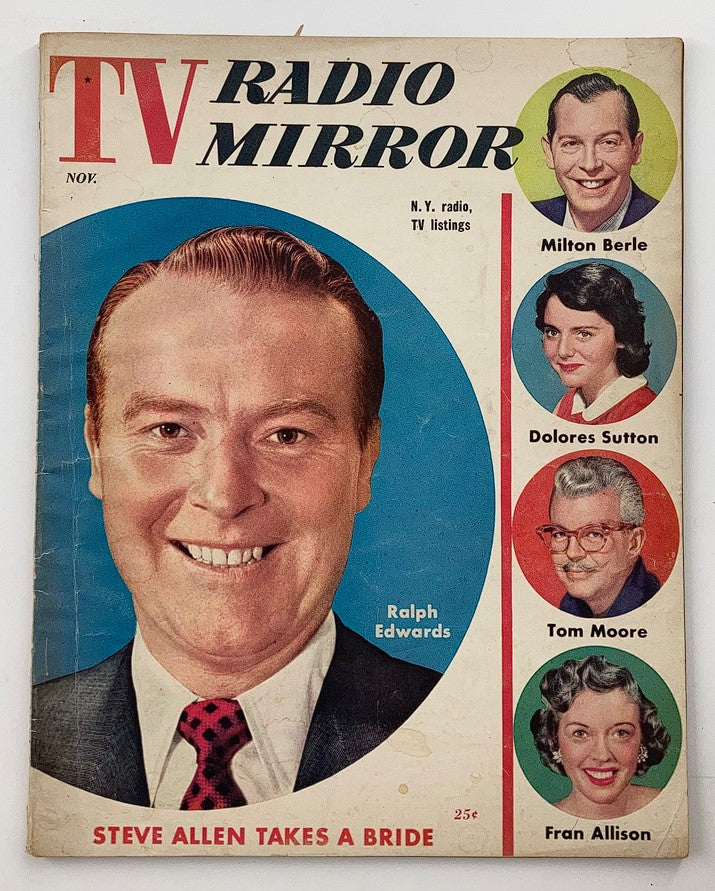 Cover of VTG TV Radio Mirror Magazine November 1954 featuring Ralph Edwards and actress Dolores Sutton. The front displays bold title 'TV RADIO MIRROR' and images of notable personalities, including Milton Berle and Tom Moore.