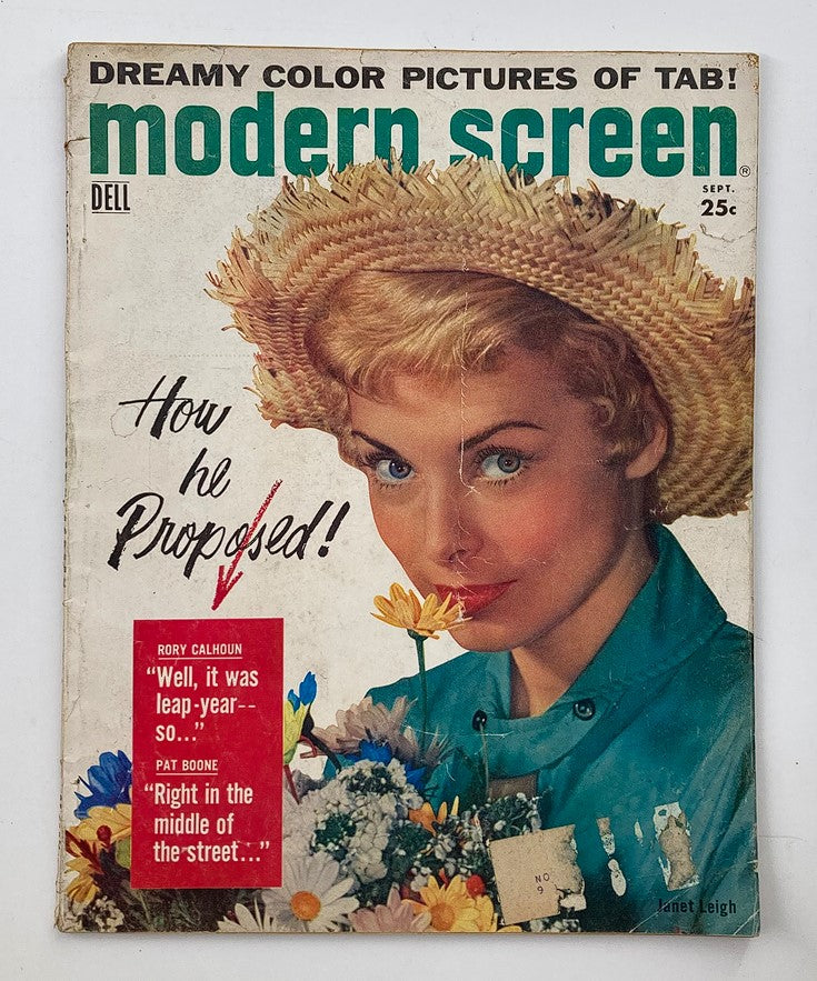 Cover of VTG Modern Screen Magazine from September 1957 featuring Janet Leigh with a straw hat and flower bouquet, showcasing classic Hollywood glamour.