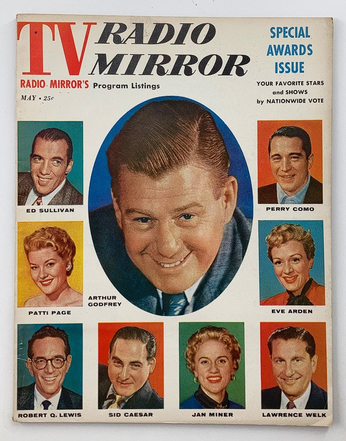 Cover of VTG TV Radio Mirror Magazine May 1956 showcasing Arthur Godfrey and Ed Sullivan, featuring a colorful design with various TV personalities.
