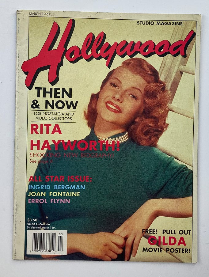 Hollywood Studio Magazine, March 1990 issue, Volume 23 No. 3, featuring Rita Hayworth on the cover. The magazine emphasizes then and now themes in Hollywood, highlighted by vibrant colors and striking design.