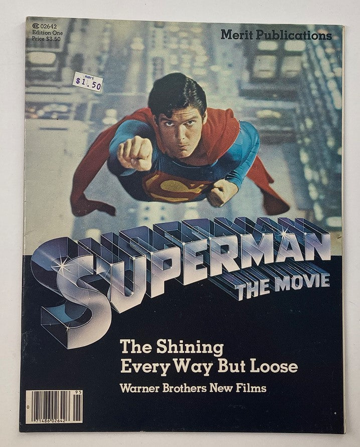 Cover of Superman The Movie Comic Book by Merit Publications from 1978, featuring Superman in his iconic costume, showcasing other films like The Shining and Every Way But Loose, marked at a price of $1.50.