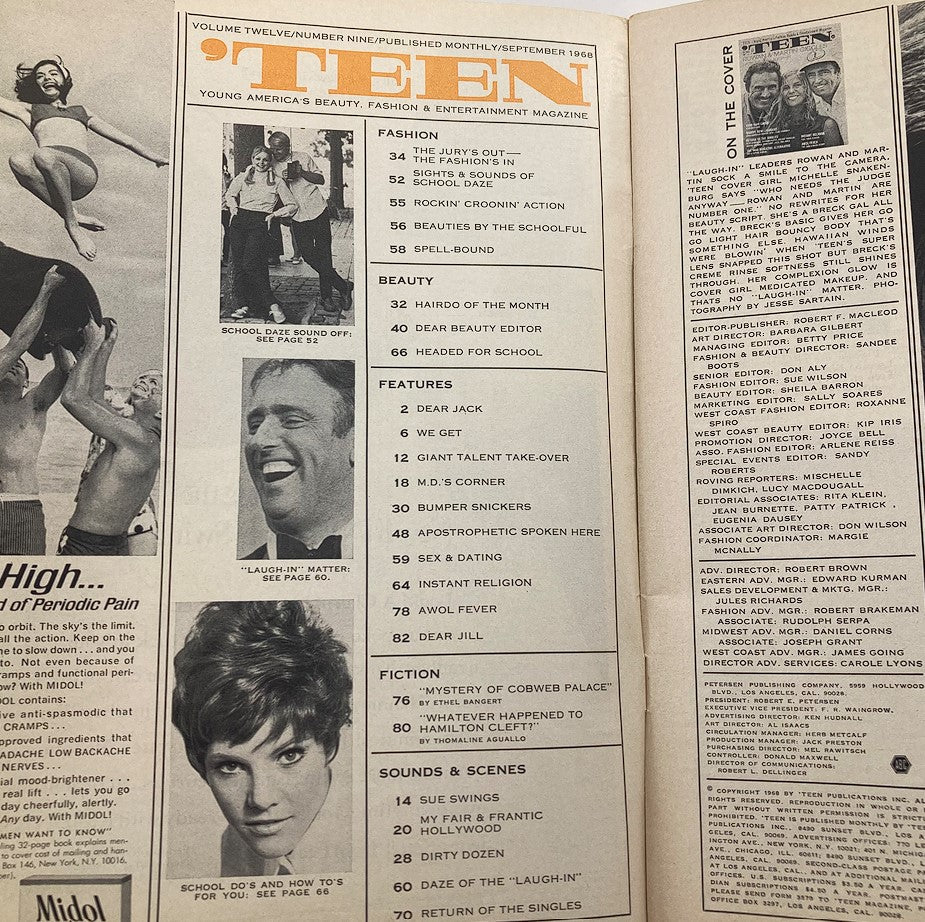 Interior page of VTG Teen Magazine September 1968 Vol 12 #9, showcasing content highlights including fashion, beauty, and features of the era.