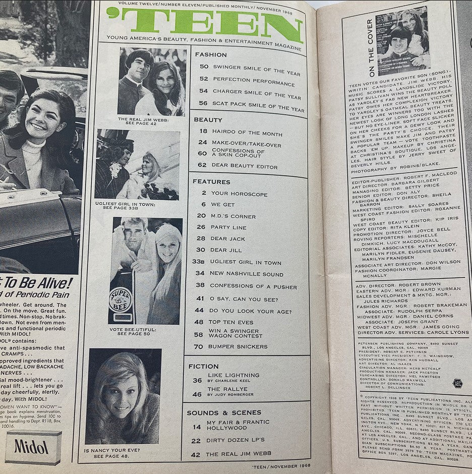 Interior page of VTG Teen Magazine November 1968, Volume 12, Number 11 featuring contents including fashion and beauty sections, and articles such as 'Ugliest Girl in Town' and 'Dear Beauty Editor'.