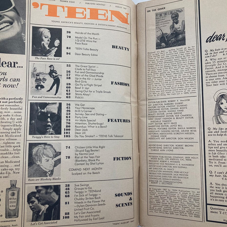 Interior page of VTG Teen Magazine August 1967 detailing articles, including 'Model on the Run,' and other features related to beauty and fashion for teenagers.