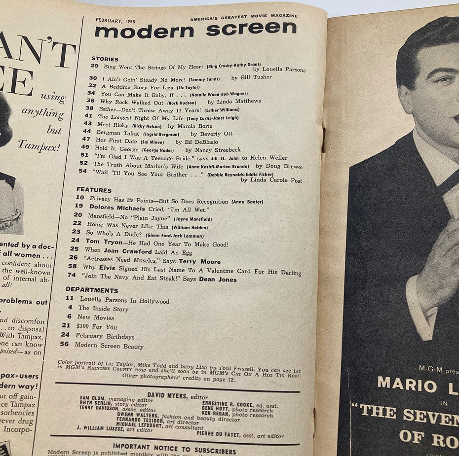 Interior page of the VTG Modern Screen Magazine February 1958 displaying magazine contents and notable features of classic cinema.