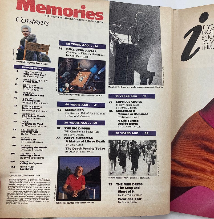Contents page of Memories Magazine February 1990, Volume 3, Issue 1, listing various articles including 'Sophia's Choice: Bigamy Italian Style' and Malcolm X.