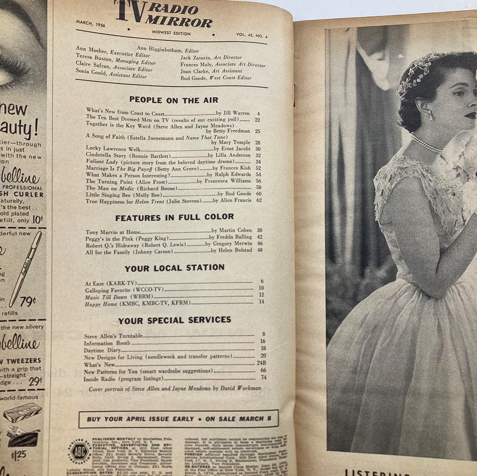 Interior page of the VTG TV Radio Mirror Magazine, March 1956, featuring table of contents and articles including Steve Allen and Jayne Meadows. This page highlights notable features of the magazine, capturing the essence of 1950s television culture.