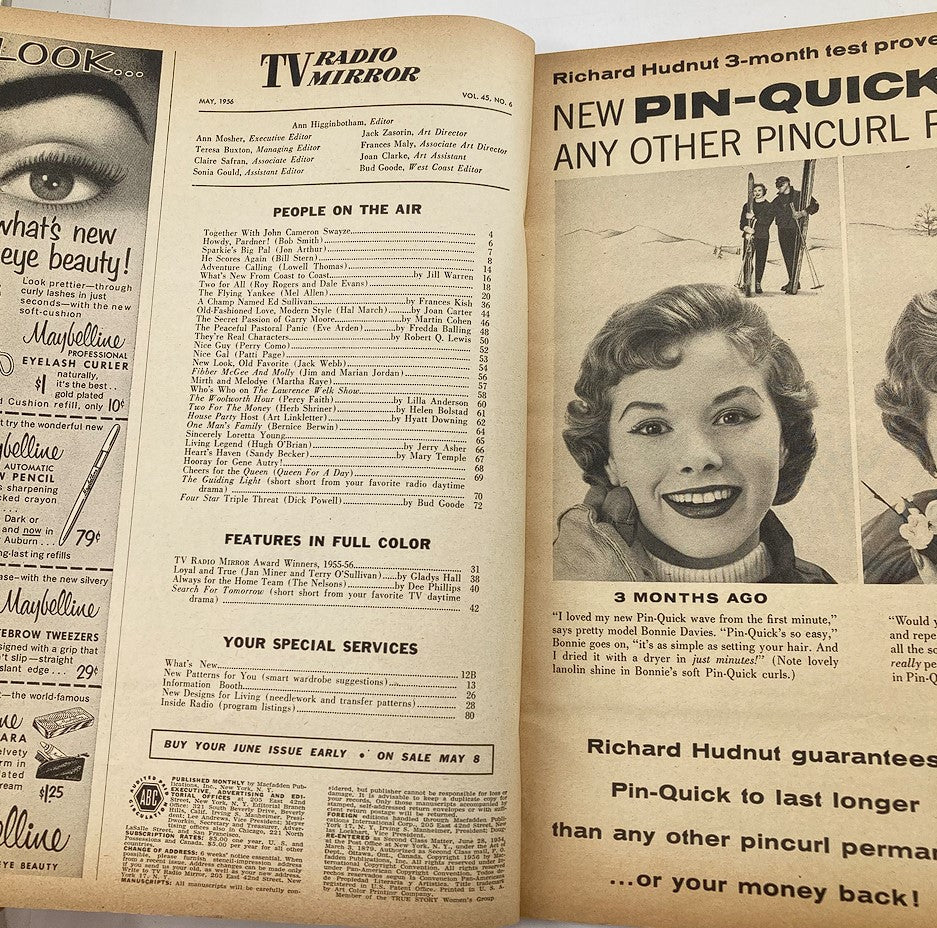 Inside pages of VTG TV Radio Mirror Magazine May 1956 displaying program listings and vintage advertisements, highlighting the magazine's content and era.
