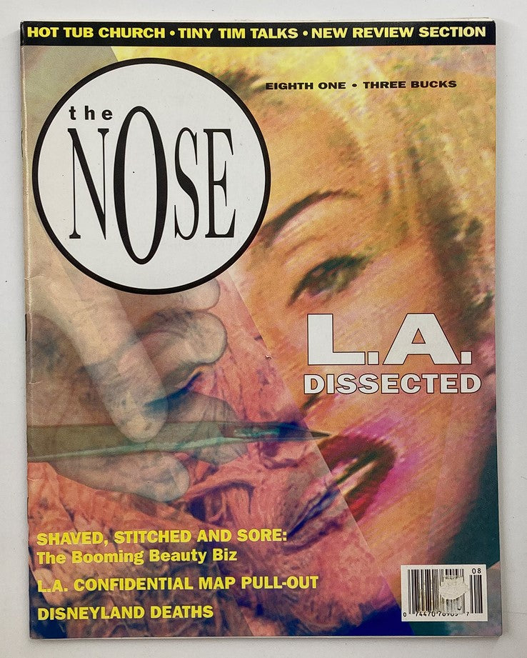 The Nose Magazine 1991 No. 8 showcasing a colorful cover featuring distinct text and imagery, highlighting cultural figures such as Tiny Tim and a striking graphic design that reflects the early '90s aesthetic.