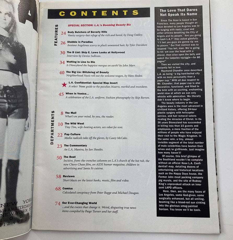 Inside page of The Nose Magazine 1991 No. 8 displaying the table of contents, listing featured articles and topics like 'L.A.'s Booming Beauty Biz' and contributions from various writers, indicating the magazine's focus on pop culture and social commentary.