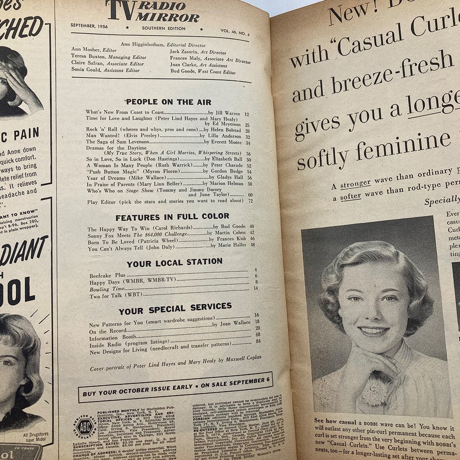 Inside page of VTG TV Radio Mirror Magazine September 1956 featuring the table of contents and articles including Peter Lind Hayes and Mary Healy.