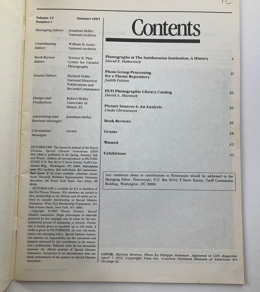 Another contents page of VTG PictureScope Magazine Summer 1985 Vol 32 #1 listing articles about photography and library sciences.