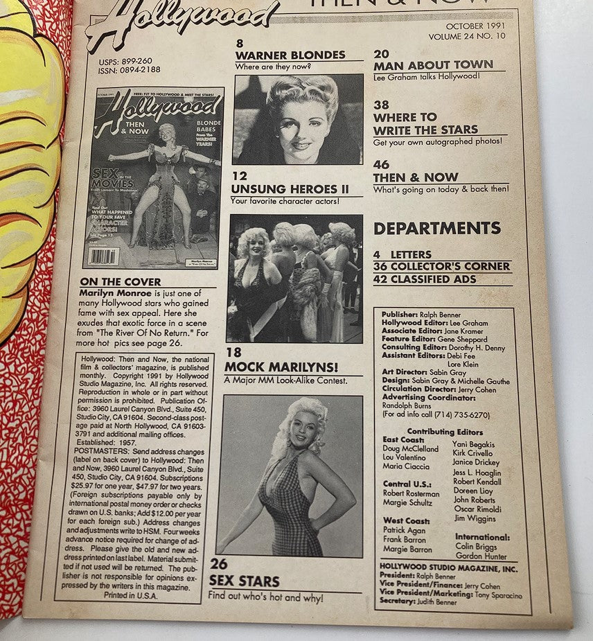 Inside page of Hollywood Then & Now Magazine, October 1991, showcasing a summary and contents with Marilyn Monroe highlighted on the cover, representing the themes of nostalgia and classic Hollywood.
