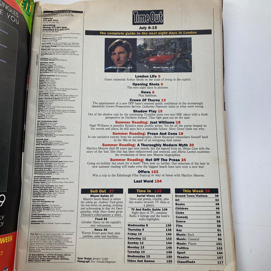 Inside view of Time Out Magazine July 8 1992 featuring articles and listings related to London events, highlighting exclusive content about Marilyn Monroe.