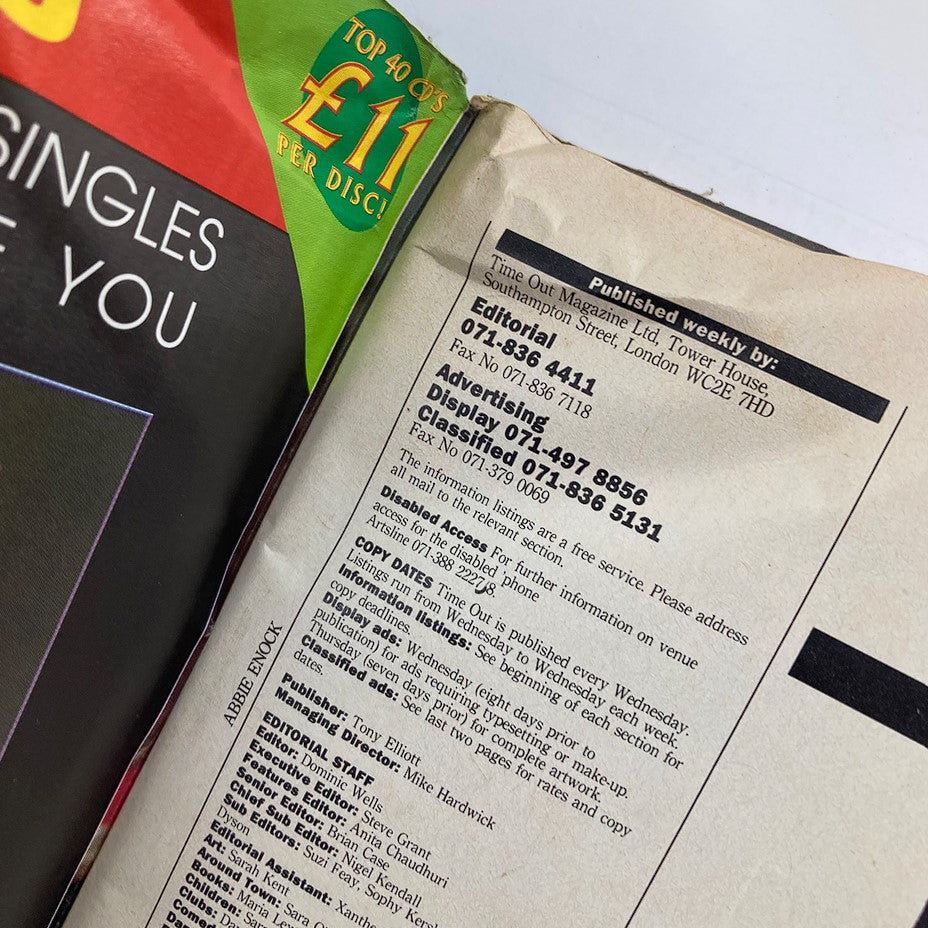 Editorial contact information page of Time Out Magazine July 8 1992, displaying advertising details and publication insights.