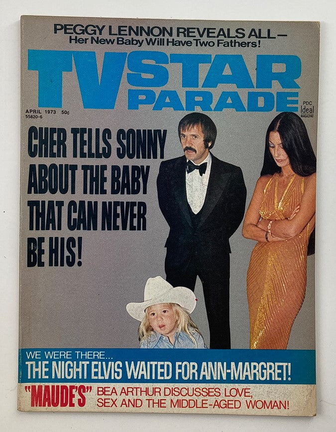 Cover of VTG TV Star Parade Magazine April 1973 Vol 23 #7 featuring Cher and Sonny. The magazine highlights Cher telling Sonny about a baby in a striking image with vibrant colors, showcasing 1970s fashion.