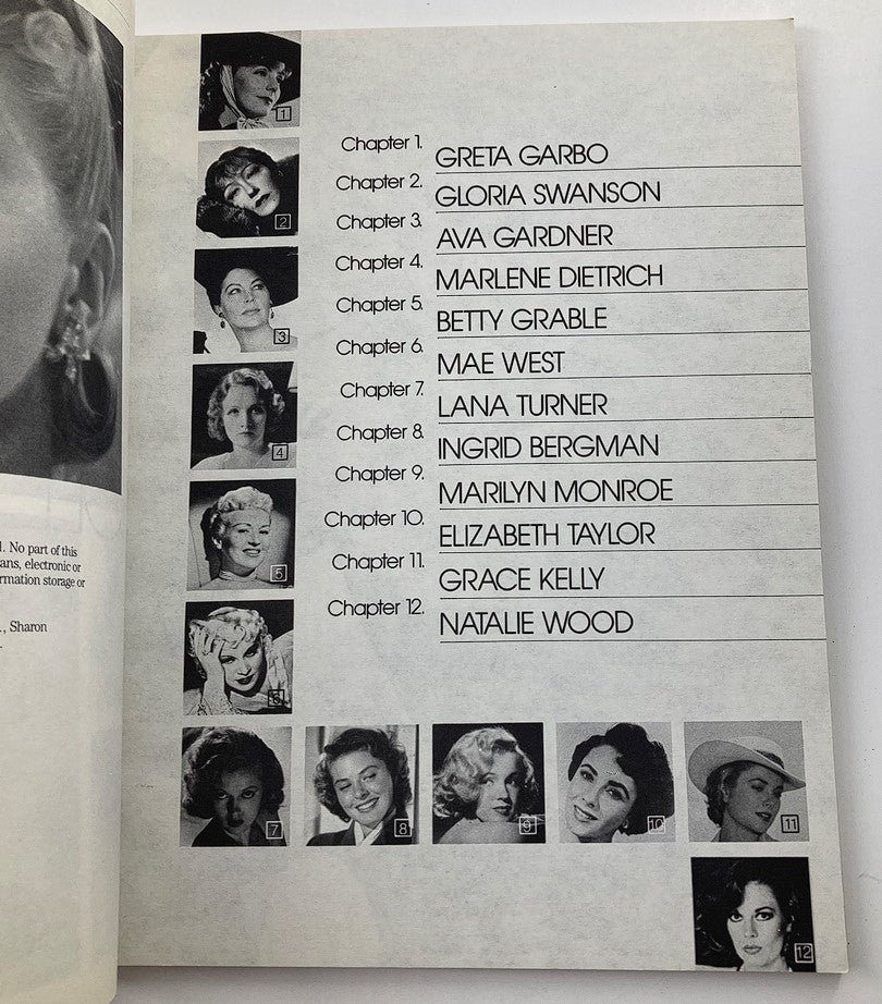 Inside page of VTG Glamour Girls Of Hollywood 1984, showcasing an index of chapters with images of notable Hollywood actresses like Marilyn Monroe and Elizabeth Taylor.