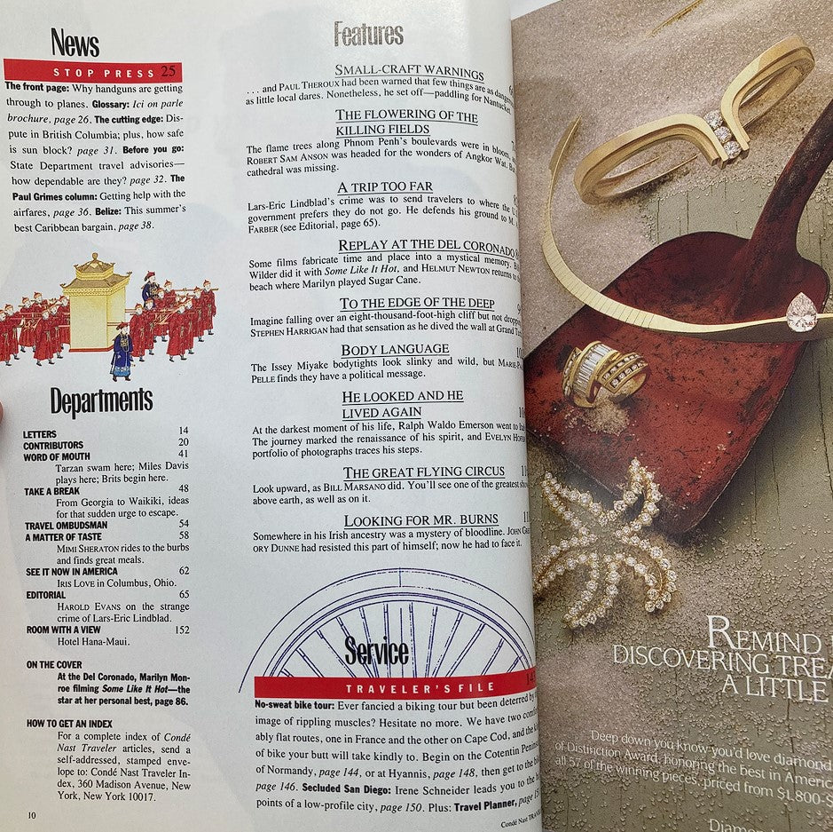 Interior page from Condé Nast Traveler Magazine August 1989, highlighting articles, features, and travel destinations, embodying the charm of late 20th-century travel culture.