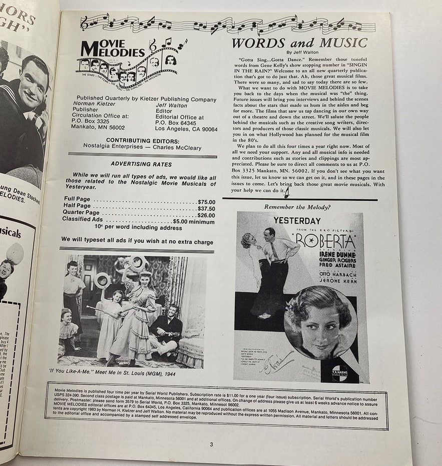 Inside page of Vintage Movie Melodies Magazine Winter 1983 No. 1 featuring the editorial section, advertising rates, and a nostalgic glimpse into classic movie musicals. This page includes visual elements related to historical film music and notable actors.