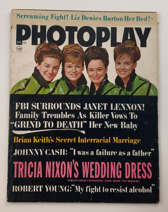 VTG Photoplay Magazine April 1970 Vol 77 #4 featuring Liz Taylor and Janet Lennon on the cover with headlines including 'FBI Surrounds Janet Lennon' and 'Brian Keith's Secret Interracial Marriage.' Perfect for vintage magazine collectors.