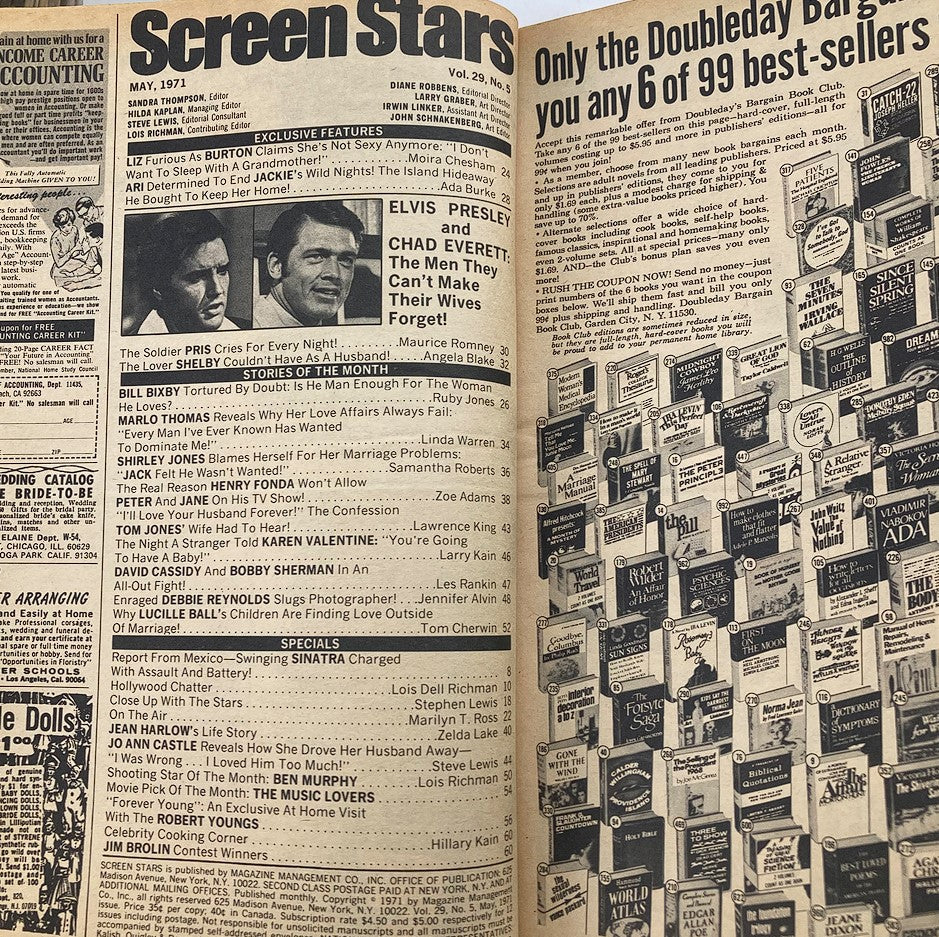 Inside page of VTG Screen Stars Magazine, May 1971, Volume 29, Issue 5 displaying features on Elvis Presley and Chad Everett alongside a list of exclusive articles.