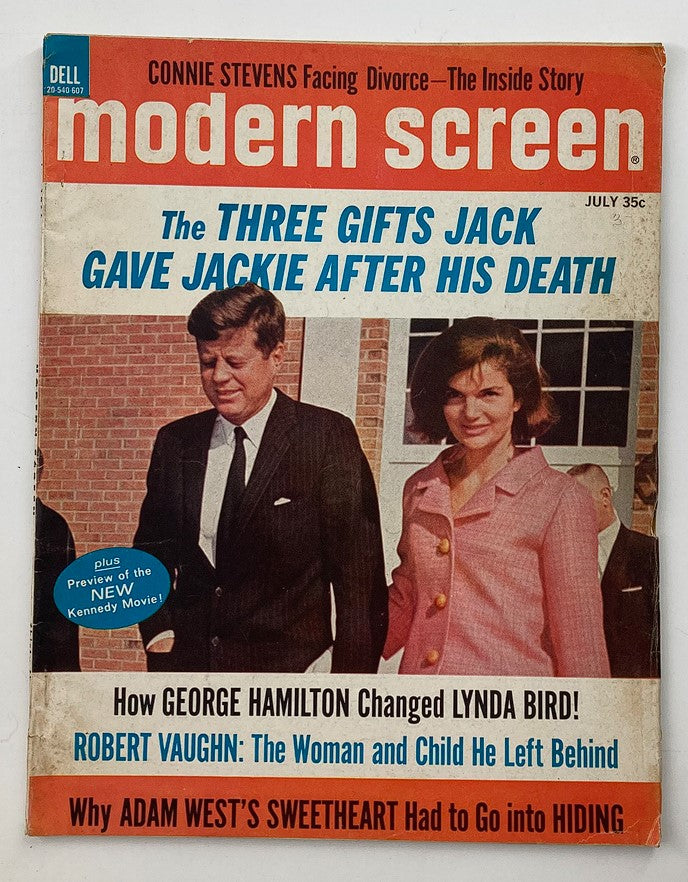VTG Modern Screen Magazine July 1966 featuring John and Jackie Kennedy on the cover, highlighting articles and stories from the era.