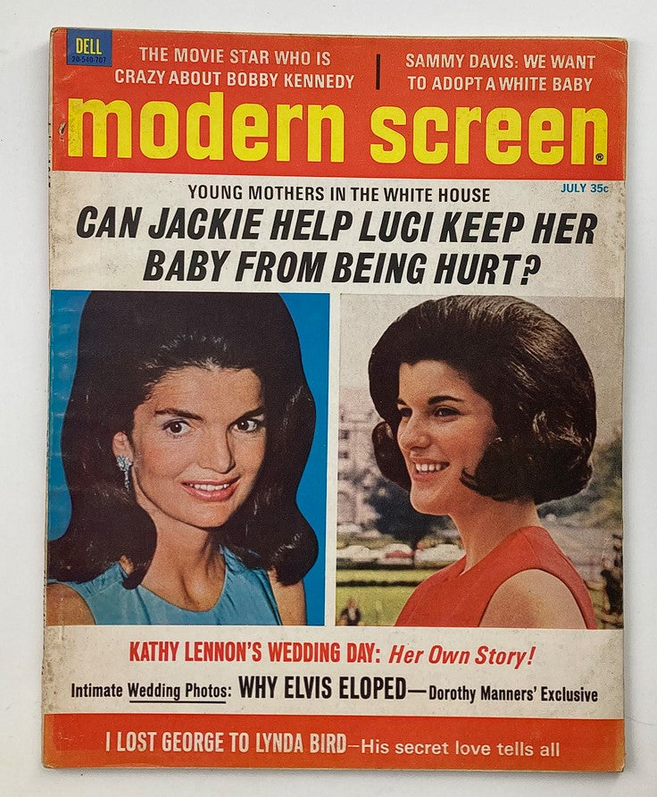 VTG Modern Screen Magazine July 1967 featuring Jackie Kennedy and Luci Johnson on the cover, highlighting articles about young mothers in the White House and intimate wedding stories.