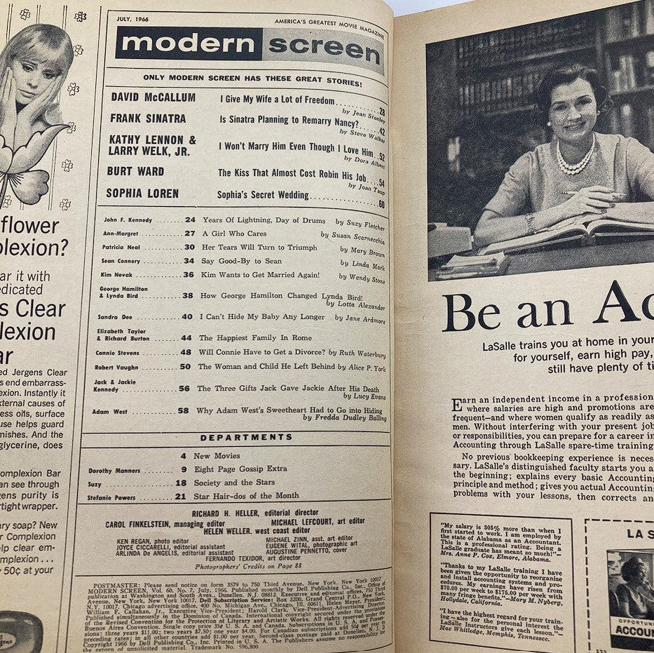 Inside page of the VTG Modern Screen Magazine from July 1966 featuring John and Jackie Kennedy, highlighting articles and stories including David McCallum and Frank Sinatra.