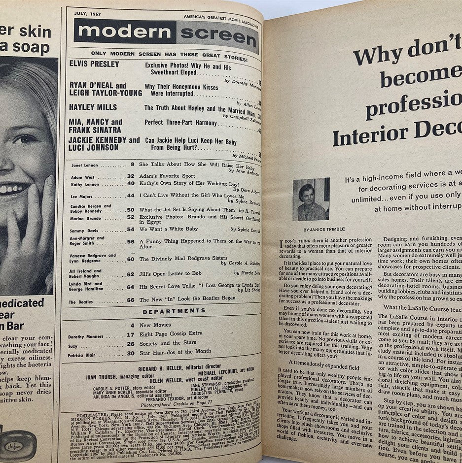 Inside page of VTG Modern Screen Magazine July 1967 showcasing contents including features on Jackie Kennedy, Luci Johnson, and various celebrity stories from the 1960s.