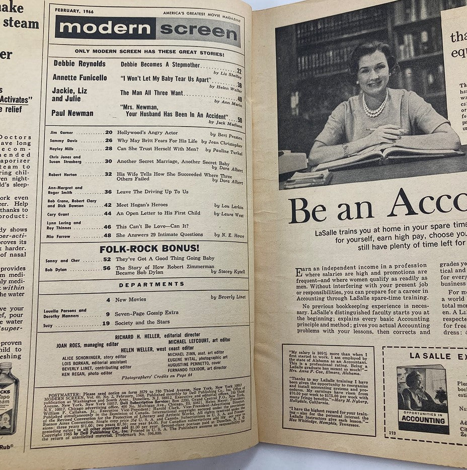 Vintage Modern Screen Magazine February 1966 featuring articles on Debbie Reynolds, Jackie Kennedy, Liz Taylor, and Paul Newman, showcasing classic Hollywood charm and culture.