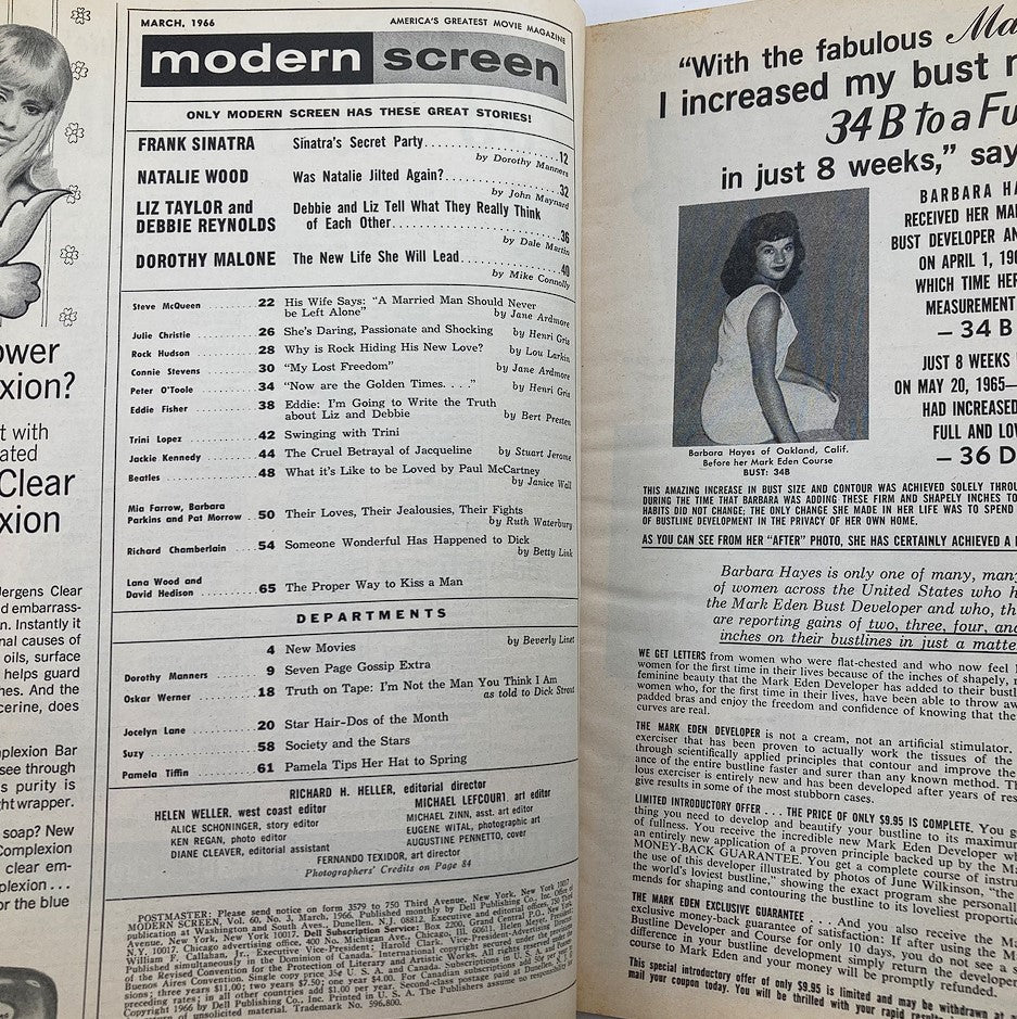 Inside page of VTG Modern Screen Magazine March 1966 showcasing table of contents with articles about Frank Sinatra, Natalie Wood, and the dynamics of Peyton Place.