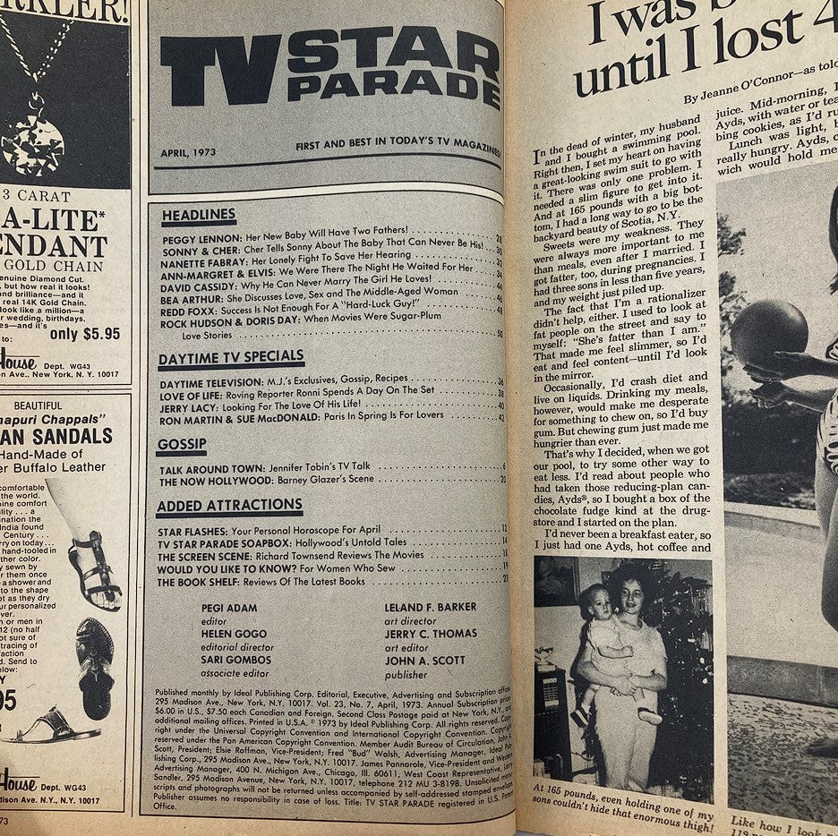 Inside page of VTG TV Star Parade Magazine April 1973, featuring headlines and articles about popular TV shows and stars like Cher and Sonny Bono. This vintage magazine provides a glimpse into 1970s pop culture.