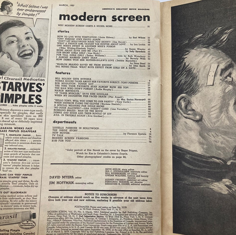 Interior page of the VTG Modern Screen Magazine March 1957 showcasing article listings and features, highlighting classic film stars including Kim Novak.