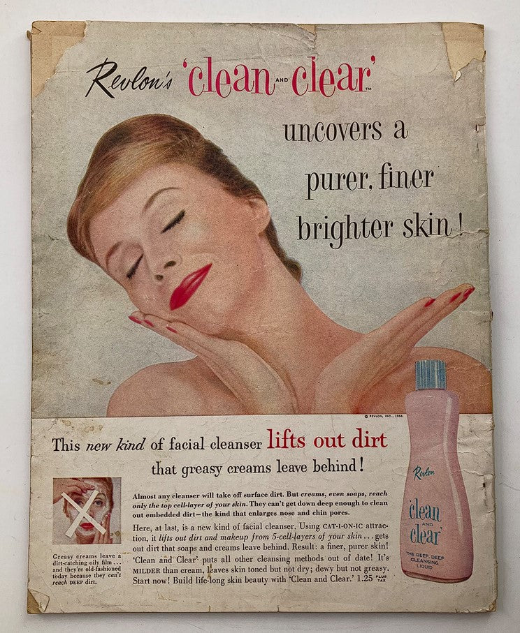 Back cover of the VTG Modern Screen Magazine March 1957 advertising Revlon's 'clean and clear' facial cleanser with a vintage illustration of a woman.