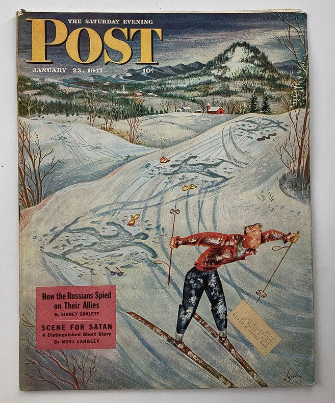 The Saturday Evening Post January 25, 1947 cover featuring a skier in a snow-filled landscape, highlighting the article 'How the Russians Spied on Their Allies'.
