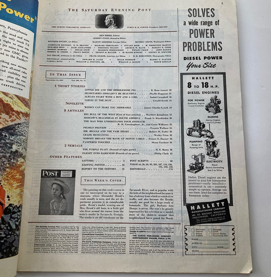 Inside page of The Saturday Evening Post from September 13, 1947, displaying content listings and articles, including A.P. Giannini: Big Bull of the West.