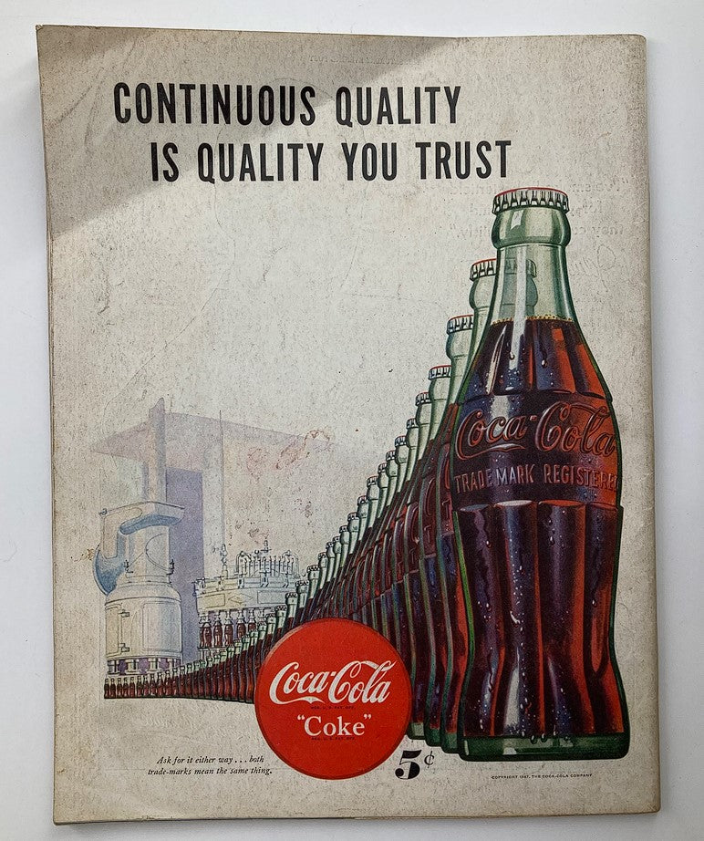 Advertisement page from The Saturday Evening Post September 13, 1947, showcasing a Coca-Cola ad with the text 'Continuous Quality is Quality You Trust' and vintage bottle graphics.